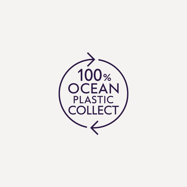 Recycling symbol with "100% Ocean Plastic Collect" text in the center on a light background.