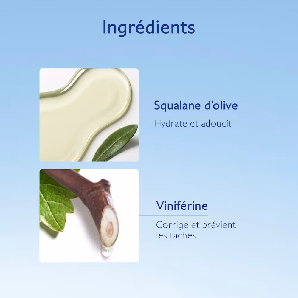 Ingrédients clés du Sérum Vinoperfect Caudalie : Squalane d'olive pour hydrater, adoucir, Viniférine pour corriger et prévenir les taches