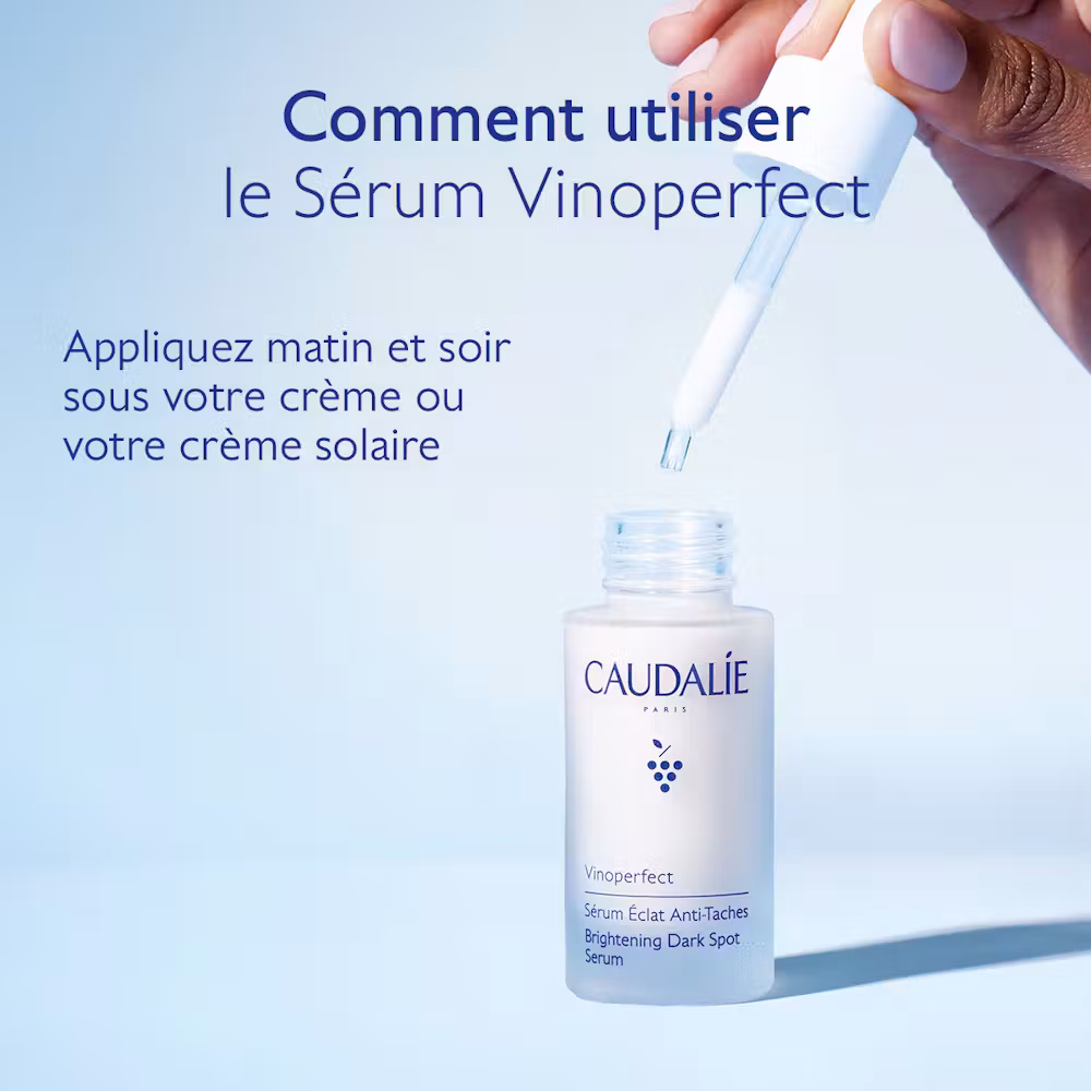 Mode d'emploi du Sérum Vinoperfect Caudalie – appliquer matin et soir sous la crème de jour ou la crème solaire