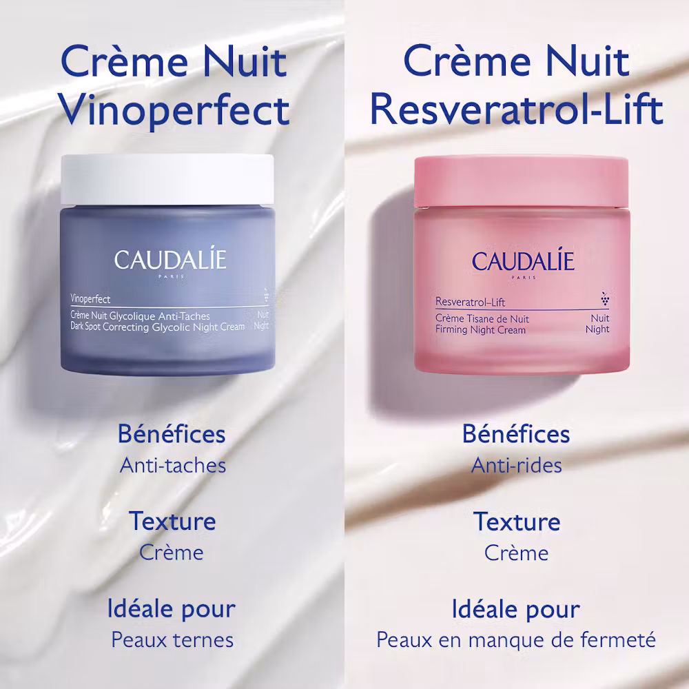 Comparatif crèmes de nuit Caudalie : Vinoperfect anti-taches idéale pour peaux ternes, Resveratrol-Lift anti-rides pour peaux manquant de fermeté