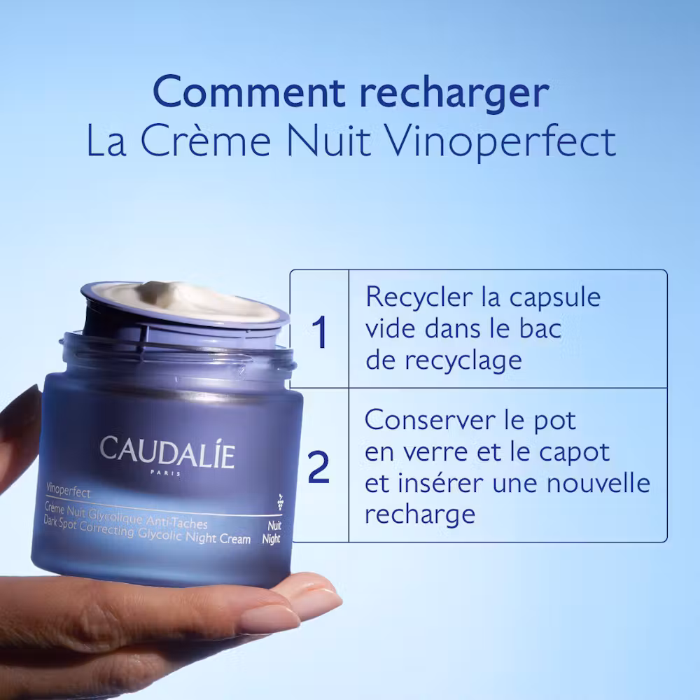 Guide de rechargement de la Crème Nuit Vinoperfect Caudalie – recycler la capsule vide et insérer une nouvelle recharge dans le pot en verre